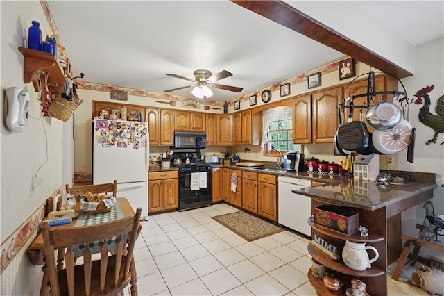 146 Tower Ln, Daugherty Twp, PA 15066 - kitchen featuring black appliances, open shelves, brown cabinets, a ceiling fan, and light tile patterned floors
