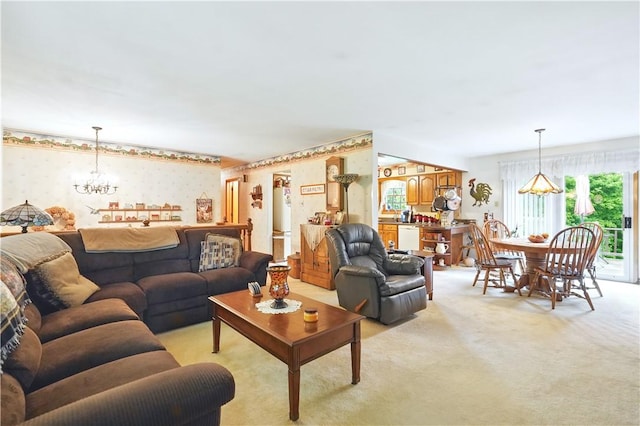146 Tower Ln, Daugherty Twp, PA 15066 - living area with wallpapered walls, a chandelier, and light carpet