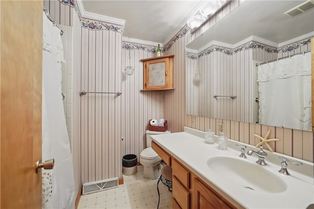 146 Tower Ln, Daugherty Twp, PA 15066 - bathroom with crown molding, tile patterned floors, wallpapered walls, vanity, and a shower with curtain