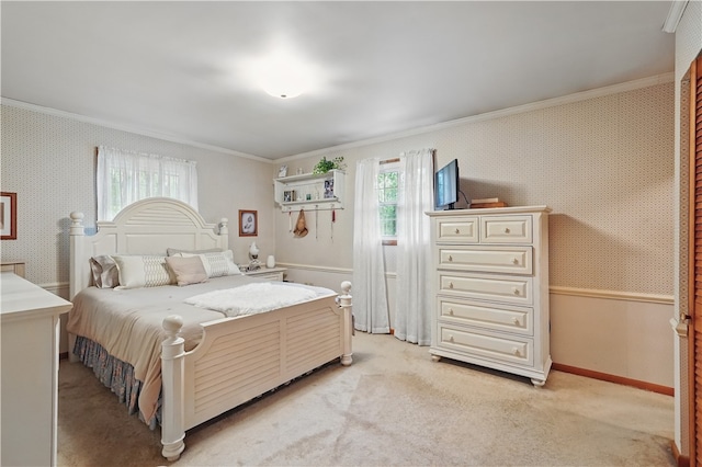 146 Tower Ln, Daugherty Twp, PA 15066 - bedroom with wallpapered walls, ornamental molding, and light carpet