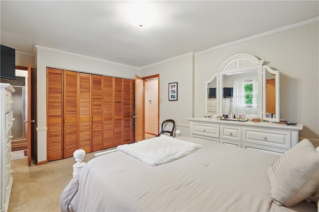 146 Tower Ln, Daugherty Twp, PA 15066 - bedroom with crown molding, wallpapered walls, light colored carpet, and a closet