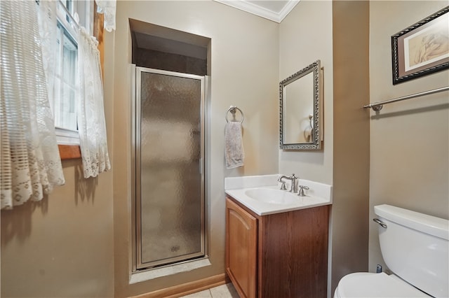 146 Tower Ln, Daugherty Twp, PA 15066 - bathroom featuring vanity, toilet, a shower stall, and ornamental molding
