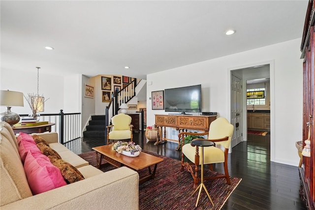 518 Carvine Ct, Marshall, PA 15090 - living room featuring stairway, dark wood finished floors, recessed lighting, and a chandelier