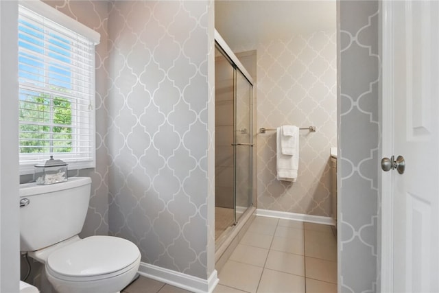 518 Carvine Ct, Marshall, PA 15090 - full bath with baseboards, tile patterned flooring, toilet, a stall shower, and wallpapered walls