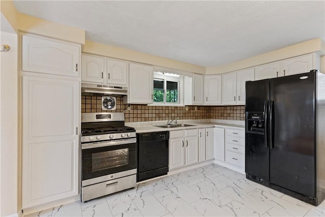 2352 Edgar St, Carrick, PA 15210 - kitchen featuring black appliances, a sink, light marble finish flooring, and under cabinet range hood