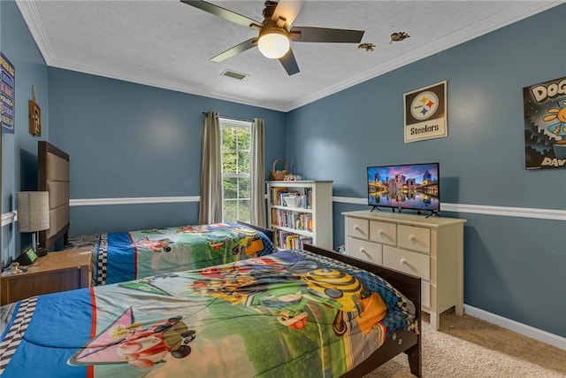 6023 Hawthorn Dr, Moon/Crescent Twp, PA 15108 - bedroom featuring baseboards, carpet flooring, crown molding, a textured ceiling, and a ceiling fan