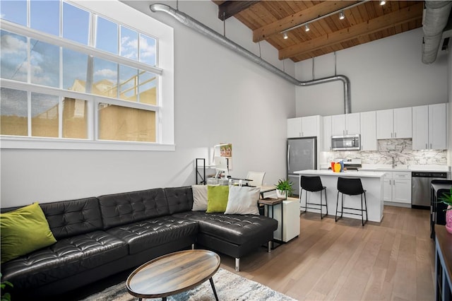 622 Gross St Unit 104, Bloomfield, PA 15224 - living area with wooden ceiling with exposed beams, light wood-style flooring, a towering ceiling, and track lighting