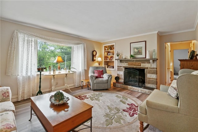 407 Neola Cir, Ross Twp, PA 15237 - living room with wood finished floors, a fireplace, ornamental molding, built in features, and baseboards