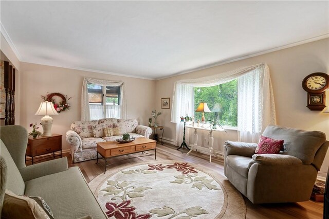 407 Neola Cir, Ross Twp, PA 15237 - living room with ornamental molding, light wood-style flooring, and baseboards
