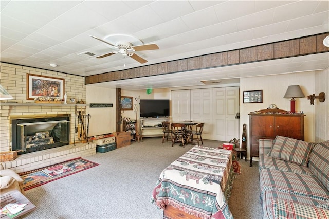 407 Neola Cir, Ross Twp, PA 15237 - carpeted living area featuring ceiling fan and a brick fireplace