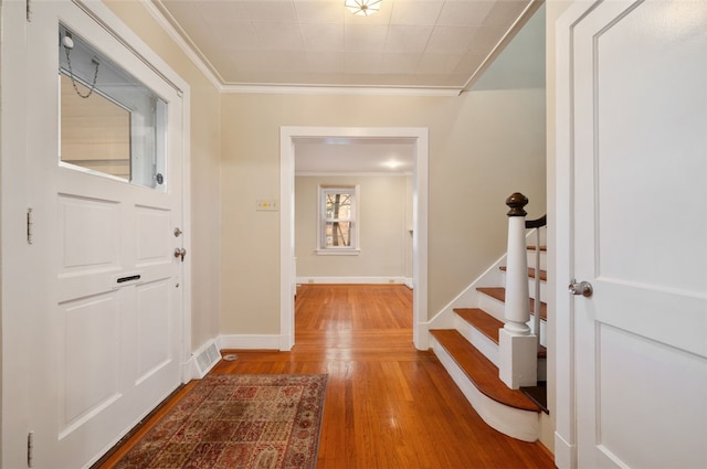 2323 Tilbury Ave, Squirrel Hill, PA 15217 - hall featuring wood finished floors, stairway, crown molding, and baseboards