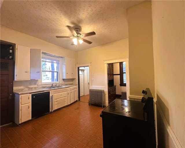 150 Euclid Ave, Sharon, PA 16146 - kitchen featuring black appliances, radiator heating unit, white cabinetry, a ceiling fan, and a textured ceiling