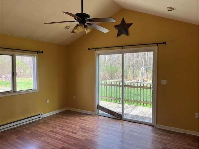 88 Fleming Rd, Pine Twp Mer, PA 16127 - unfurnished room with vaulted ceiling, a baseboard radiator, wood finished floors, ceiling fan, and baseboards