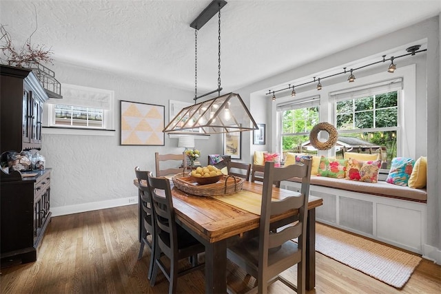 1437 Browning Rd, Highland Park, PA 15206 - dining room with wood finished floors, baseboards, a textured ceiling, and rail lighting