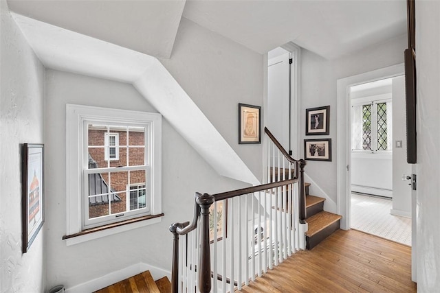 1437 Browning Rd, Highland Park, PA 15206 - staircase featuring wood finished floors, a baseboard radiator, and baseboards