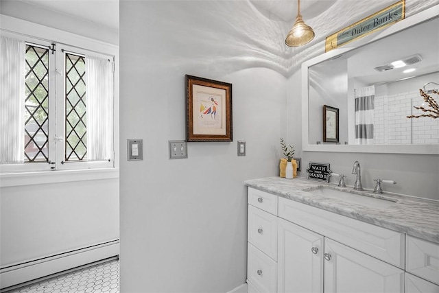 1437 Browning Rd, Highland Park, PA 15206 - bathroom with a baseboard heating unit, vanity, a shower with shower curtain, and baseboards