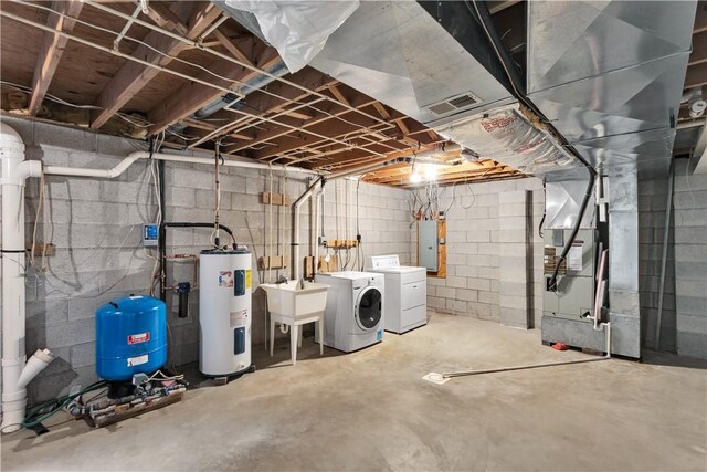 1860 Washington Rd, Washington Twp Wml, PA 15613 - unfinished below grade area with washer and clothes dryer, electric water heater, a water pressure tank, a sink, and electric panel