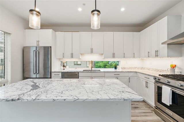 5523 Butler St, Lawrenceville, PA 15201 - kitchen featuring high end appliances, a sink, light wood finished floors, light stone counters, and recessed lighting