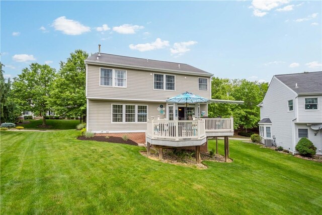 5743 Villahaven Dr, Bethel Park, PA 15236 - rear view of property with a wooden deck, a yard, and central air condition unit