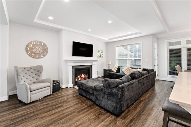 2008 Ashton Row, South Fayette, PA 15017 - living room featuring a tray ceiling, dark wood finished floors, recessed lighting, baseboards, and a lit fireplace