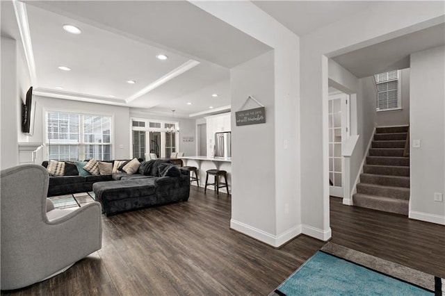 2008 Ashton Row, South Fayette, PA 15017 - living area with dark wood-type flooring, baseboards, stairs, recessed lighting, and a tray ceiling