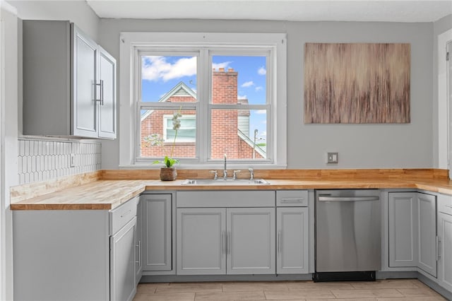 1222 Forest Ave, New Kensington, PA 15068 - kitchen featuring dishwasher, a sink, gray cabinets, and butcher block counters