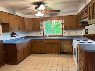 1877 Main St, Arona, PA 15617 - kitchen with a sink, white electric range, under cabinet range hood, dark countertops, and a ceiling fan