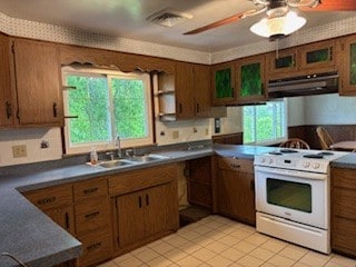 1877 Main St, Arona, PA 15617 - kitchen featuring white range oven, under cabinet range hood, a sink, dark countertops, and a ceiling fan
