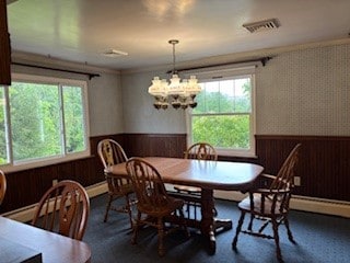 1877 Main St, Arona, PA 15617 - dining space featuring wainscoting, wood walls, a chandelier, and baseboard heating