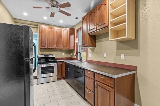 44 Pasadena St, Mt Washington, PA 15211 - kitchen featuring black appliances, a sink, ceiling fan, a textured wall, and light tile patterned floors