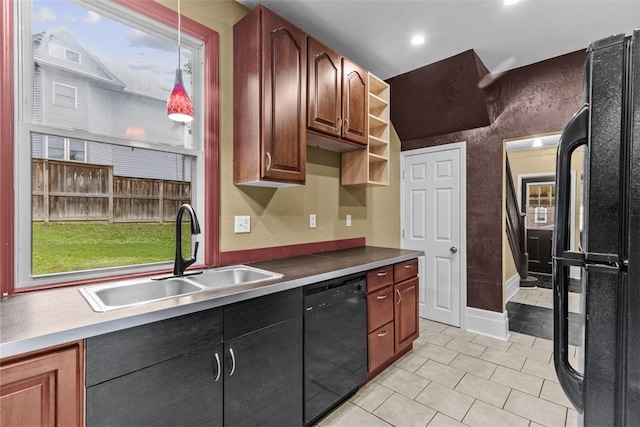 44 Pasadena St, Mt Washington, PA 15211 - kitchen with black appliances, a sink, light tile patterned floors, open shelves, and baseboards