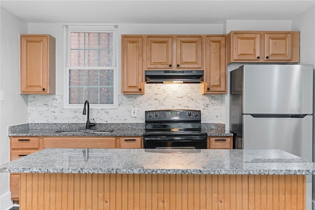 534 Overbrook Blvd, Overbrook, PA 15210 - kitchen with black electric range, under cabinet range hood, a sink, light stone countertops, and decorative backsplash
