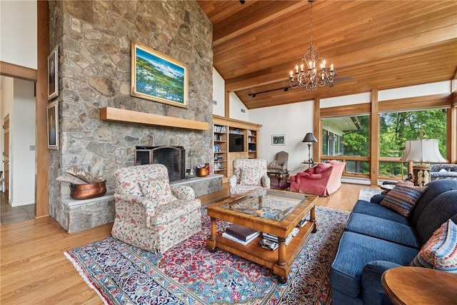 428 Jefferson School Rd, Cook Twp, PA 15658 - living area featuring a stone fireplace, a chandelier, wooden ceiling, wood finished floors, and baseboard heating