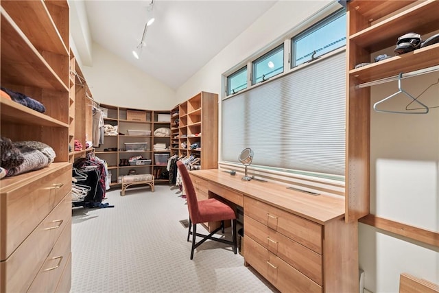 428 Jefferson School Rd, Cook Twp, PA 15658 - carpeted office featuring lofted ceiling, track lighting, and built in desk