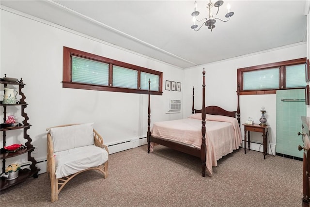 428 Jefferson School Rd, Cook Twp, PA 15658 - bedroom with baseboard heating, carpet flooring, a wall mounted AC, and a chandelier