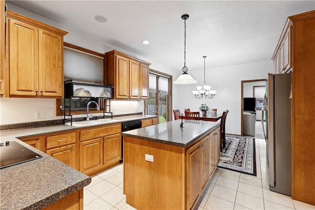 704 Park Ave, Rostraver, PA 15012 - kitchen with black appliances, a sink, a center island, light tile patterned floors, and pendant lighting