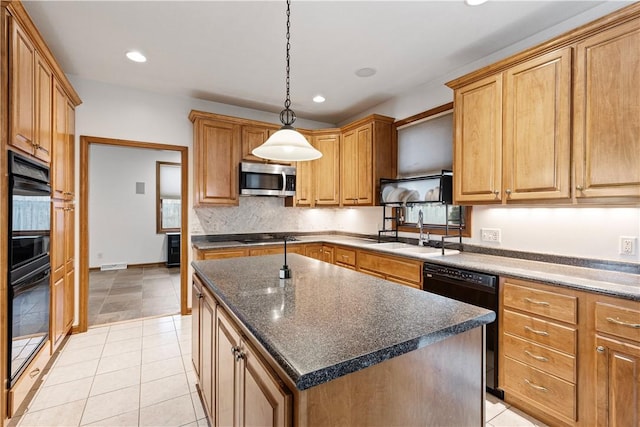 704 Park Ave, Rostraver, PA 15012 - kitchen featuring black appliances, a sink, recessed lighting, decorative light fixtures, and a center island
