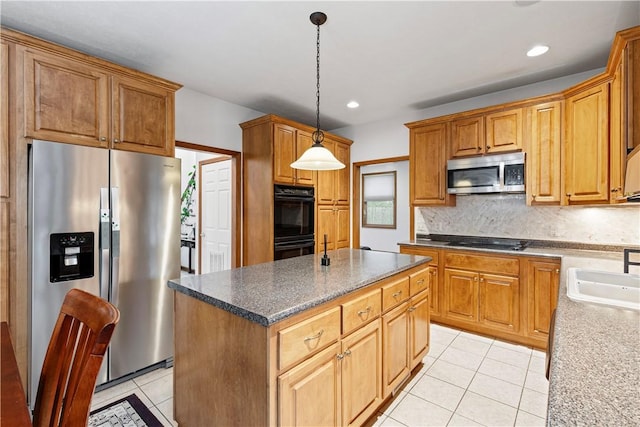 704 Park Ave, Rostraver, PA 15012 - kitchen featuring black appliances, light tile patterned flooring, a center island, a sink, and recessed lighting