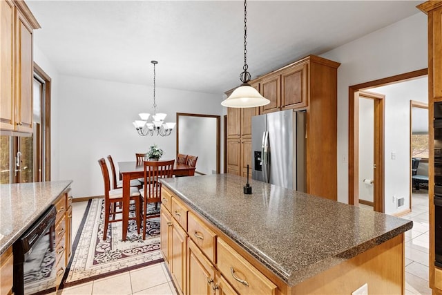 704 Park Ave, Rostraver, PA 15012 - kitchen with stainless steel refrigerator with ice dispenser, light tile patterned flooring, a center island, decorative light fixtures, and a chandelier