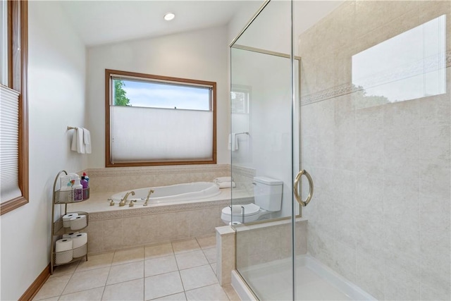 704 Park Ave, Rostraver, PA 15012 - bathroom featuring a bath, a stall shower, tile patterned floors, and vaulted ceiling