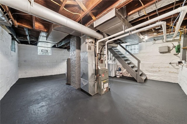 1110 Illinois Ave, Dormont, PA 15216 - below grade area featuring heating unit, washer / clothes dryer, and stairs
