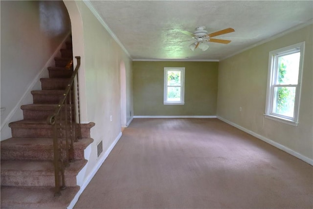 1818 Bluff St, West Mifflin, PA 15122 - staircase featuring carpet flooring, a ceiling fan, crown molding, and baseboards