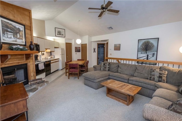 W1 Sunridge Dr, Seven Springs Resort, PA 15622 - living room with a ceiling fan, light carpet, and high vaulted ceiling