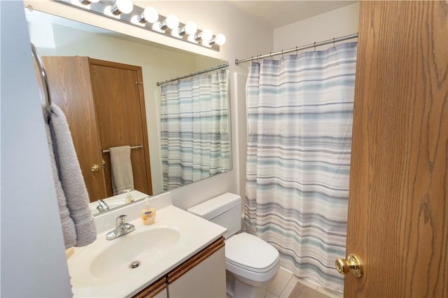 W1 Sunridge Dr, Seven Springs Resort, PA 15622 - full bath with toilet, vanity, a shower with shower curtain, and tile patterned floors