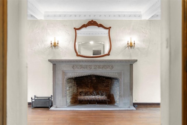 1 Robin Rd, Squirrel Hill, PA 15217 - detailed view of wood finished floors, a fireplace with raised hearth, and ornamental molding