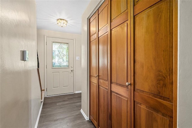 534 Dendron Dr, Robinson Twp Nwa, PA 15108 - doorway to outside featuring baseboards and dark wood-type flooring