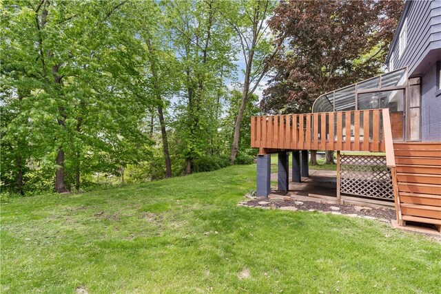 150 Dover Dr, Moon/Crescent Twp, PA 15108 - view of grassy yard featuring a wooden deck and stairs