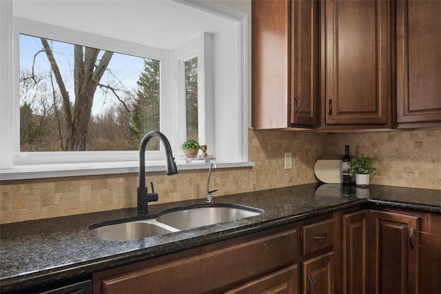 600 Camp Meeting Rd, Leet Twp, PA 15143 - kitchen with a sink, backsplash, dark stone countertops, and dark brown cabinetry