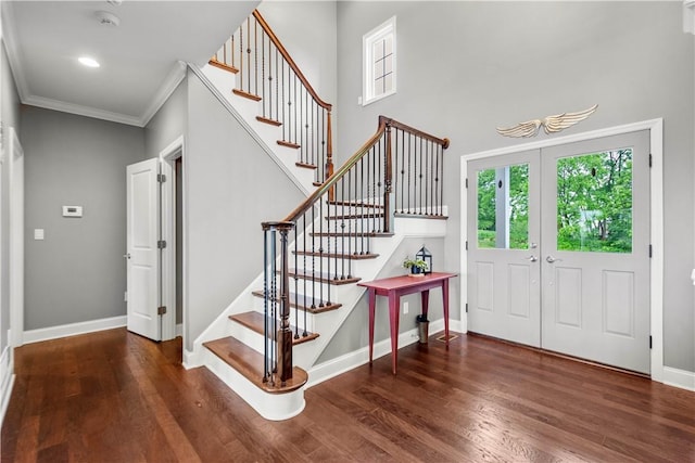 1272 Mcewen Rd, Cecil, PA 15317 - entryway featuring stairs, wood finished floors, baseboards, crown molding, and a towering ceiling