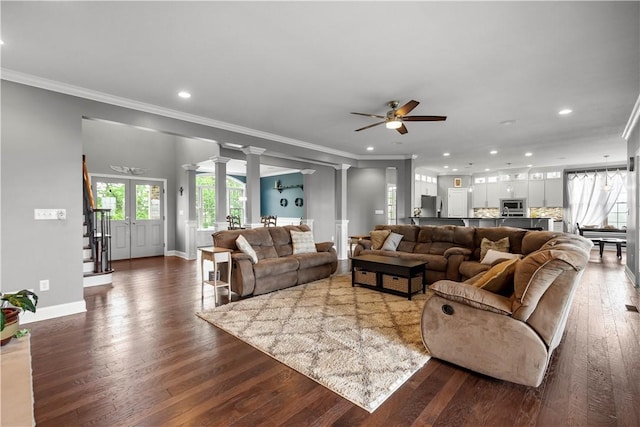 1272 Mcewen Rd, Cecil, PA 15317 - living room with ornate columns, dark wood-type flooring, ceiling fan, crown molding, and recessed lighting